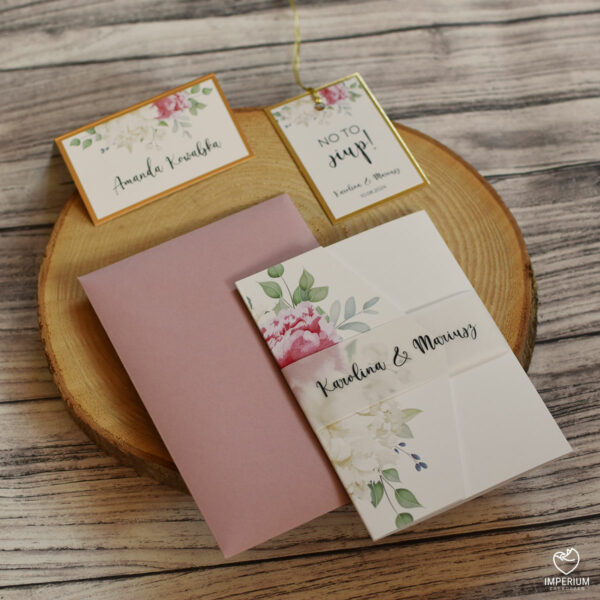 Eliza - Eleganckie folderowe zaproszenia z białymi i różowymi kwiatami