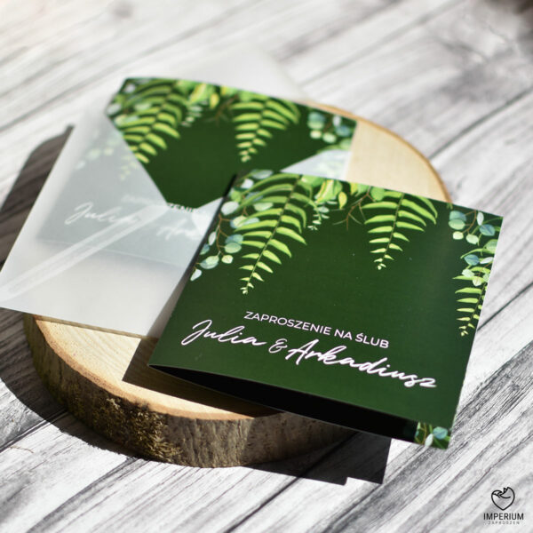 Gemma - Zielone paprociowe zaproszenia z transparentną kopertą