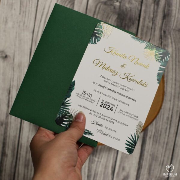Eleganckie tropikalne zaproszenia ze złoconymi liśćmi monstery – Milo