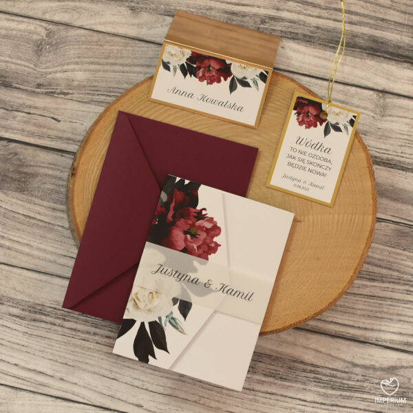 Alexandra – eleganckie folderowe zaproszenia z bordowymi kwiatami