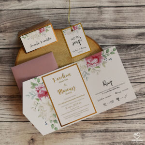 Eliza - Eleganckie folderowe zaproszenia z białymi i różowymi kwiatami