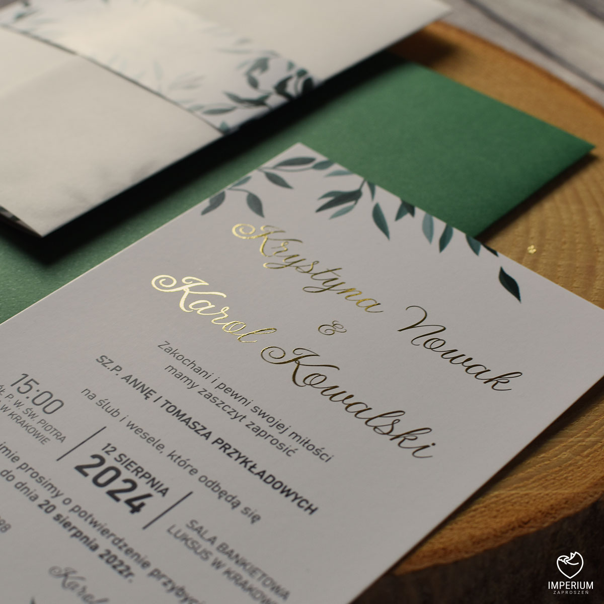 Christina – eleganckie zielone zaproszenia z motywem listków